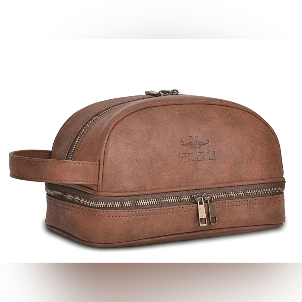 Vetelli Classic Men's Luxe Brown Leather Travel Toiletry Bag Dopp Kit NWOT